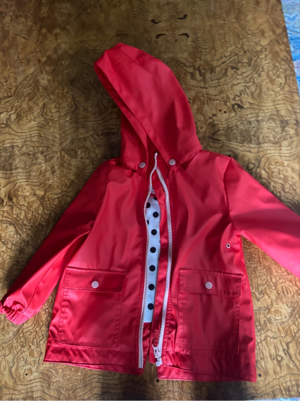 H&M KIDS Red Hooded Raincoat with Polka-Dot Lining 3-4T